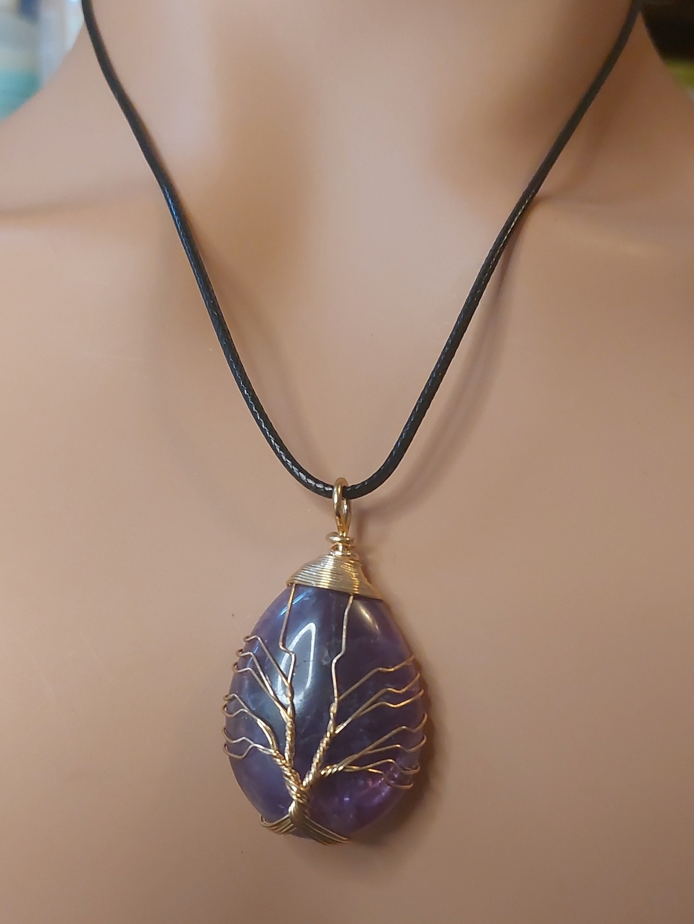 💚3/$25 Amethyst Tree of Life Gold Wire Wrapped Teardrop Pendant Necklace